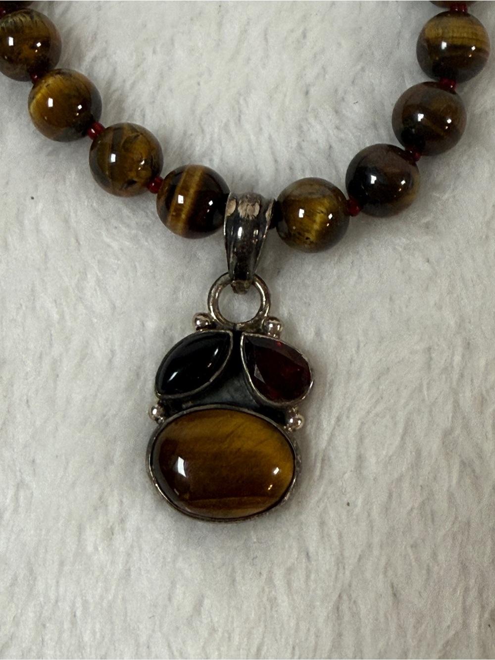 Tiger Eye & Garnet Bead Necklace with Matching Earrings - Brown Handmade Jewelry - Picture 3 of 6